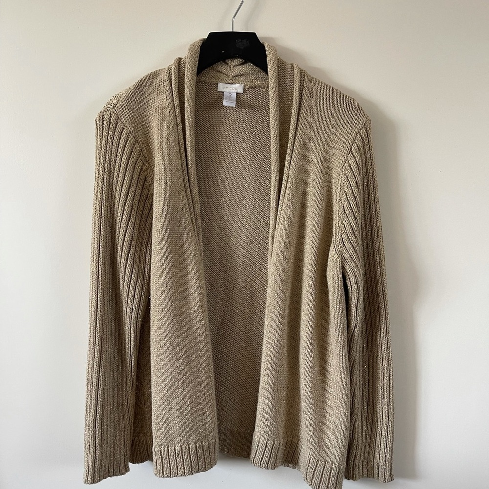 Chico’s long beige metallic sweater